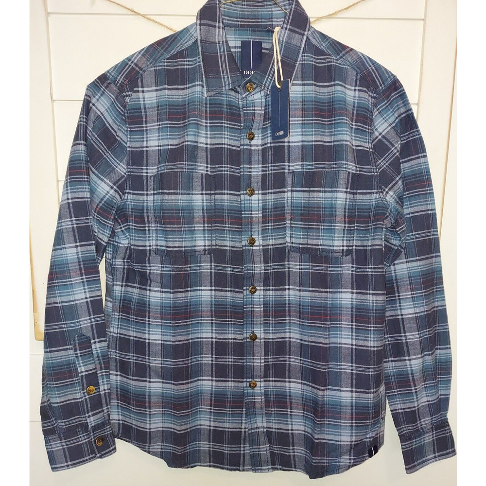 OOBE' Shirt Men's Medium Maybank Dark Sea Indigo Plaid Long Sleeve